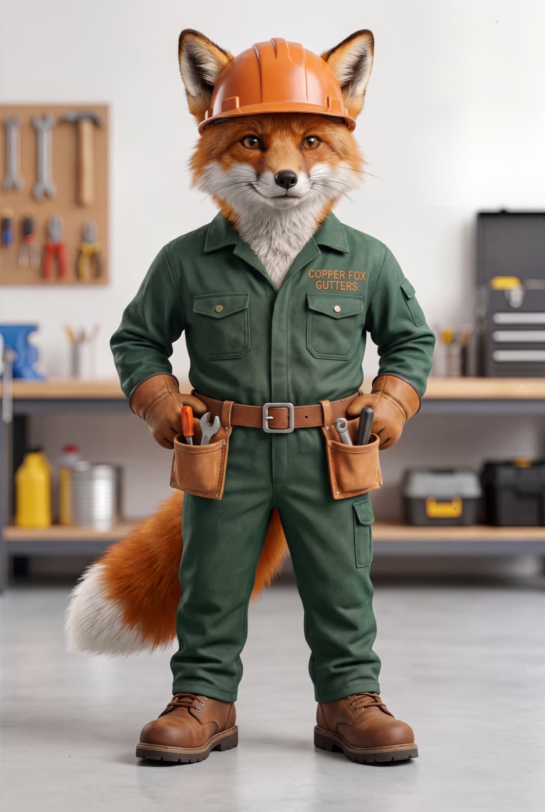 Copper, the Copper Fox Gutters mascot in green coveralls and orange hard hat at the workshop